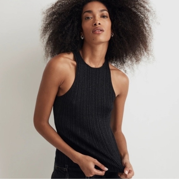 NWT Madewell The Signature Shimmer Knit Cutaway Sweater Tank Black Silver Medium - Picture 1 of 13